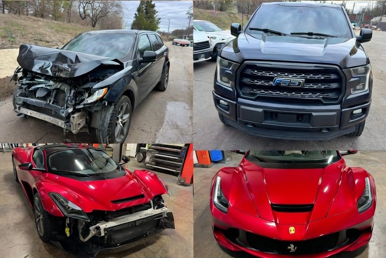 Before and after collision repairs — Ford F-150 and Ferrari