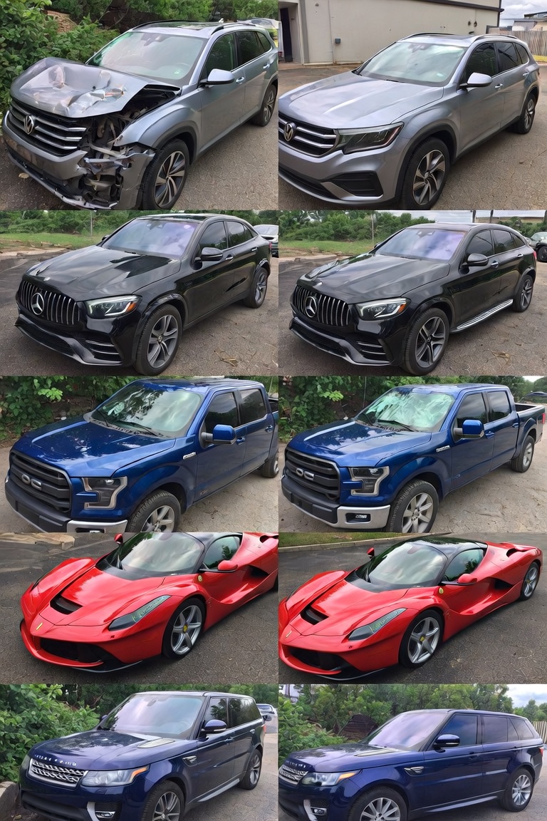 Before and after collision repairs — Volkswagen, Mercedes, Ford, Ferrari, Range Rover